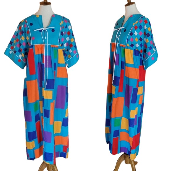 KEYLOUN 70's Multi-color Geometric Patio Maxi Dress - Picture 2 of 9